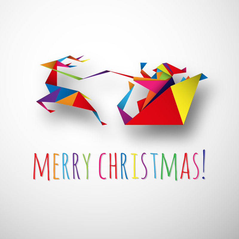 彩色驯鹿和圣诞老人折纸矢量插图