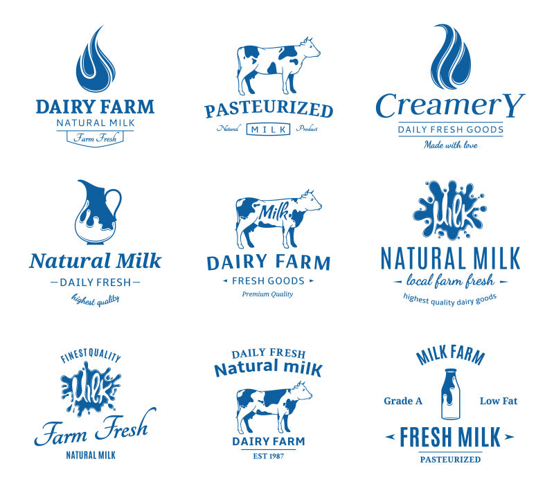 矢量牛奶标志标签和设计元素的集合
