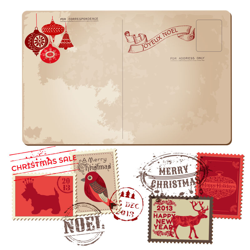 旧式圣诞明信片和邮票矢量
