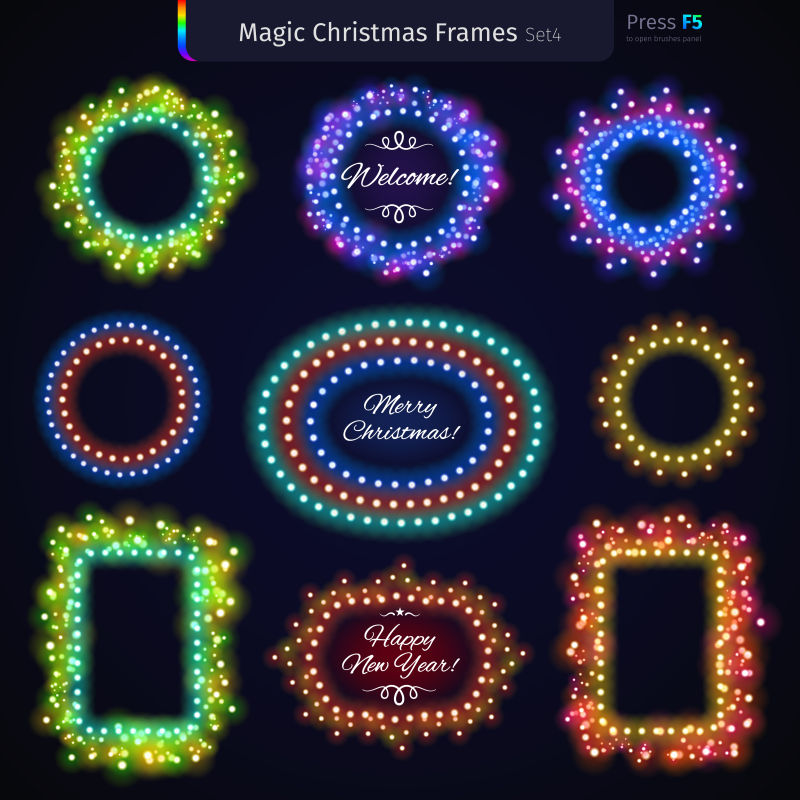 五颜六色的发光圣诞树框架矢量图