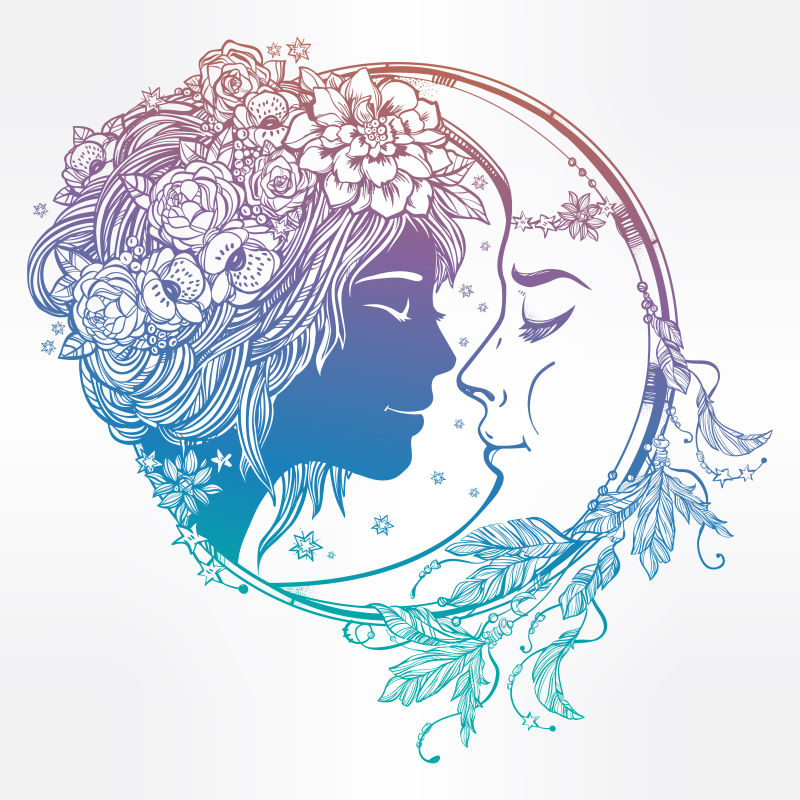 女性精灵与月亮矢量图