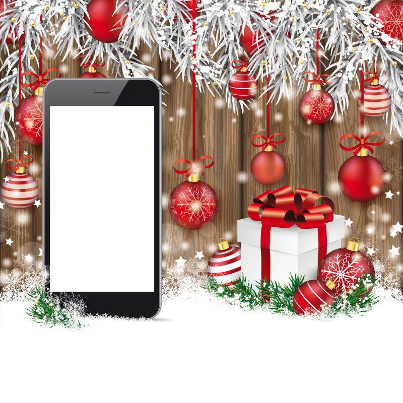 圣诞红球礼物和智能手机矢量