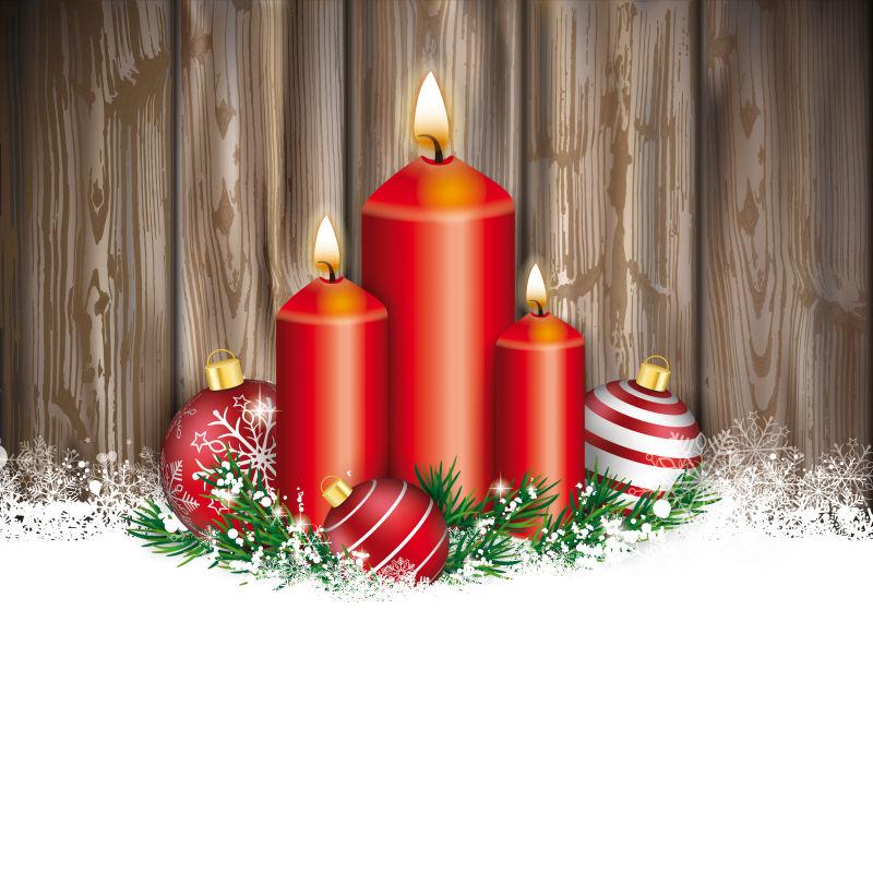红色燃烧的圣诞蜡烛和彩球矢量