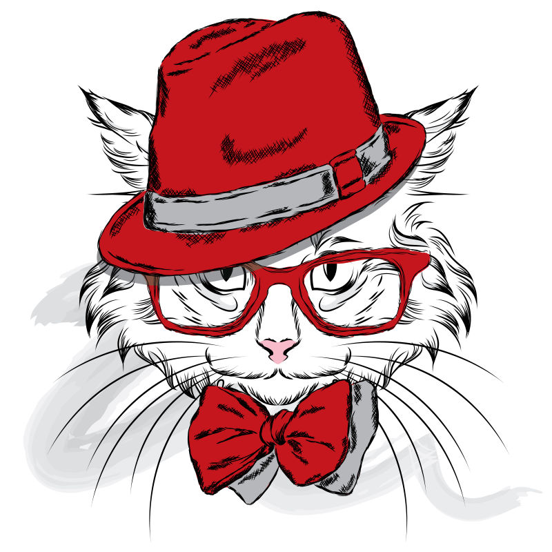 手绘创意红帽猫咪矢量卡通背景