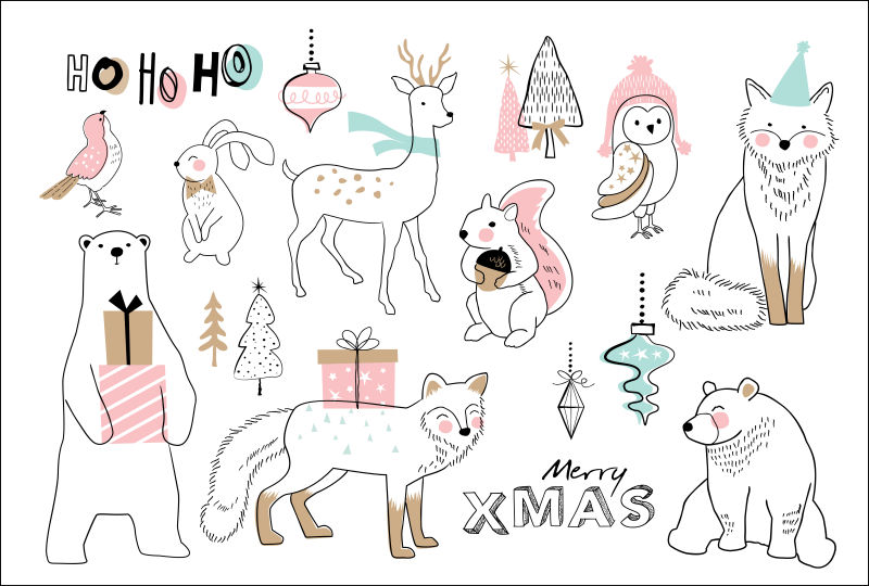 卡通动物设计元素圣诞矢量贺卡