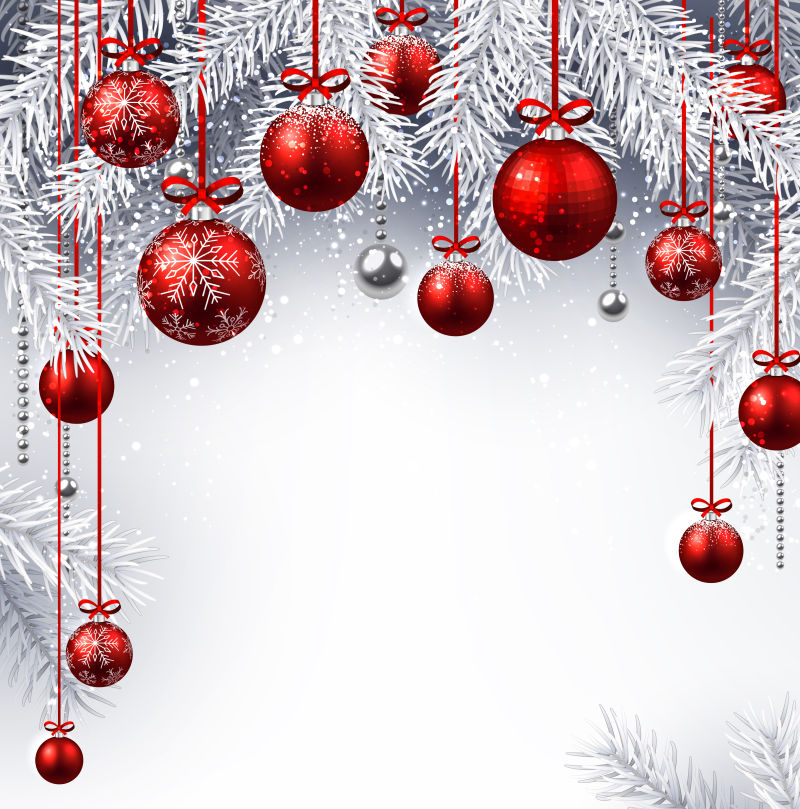 有圣诞球和枞树枝的新年矢量背景