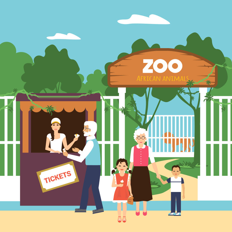 老年人带孙子买动物园票平矢量插图