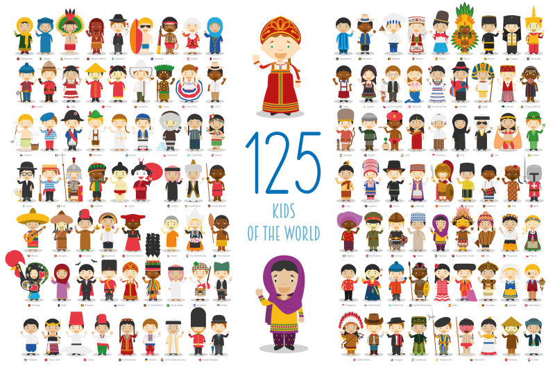 世界125个穿不同民族服装的儿童矢量图