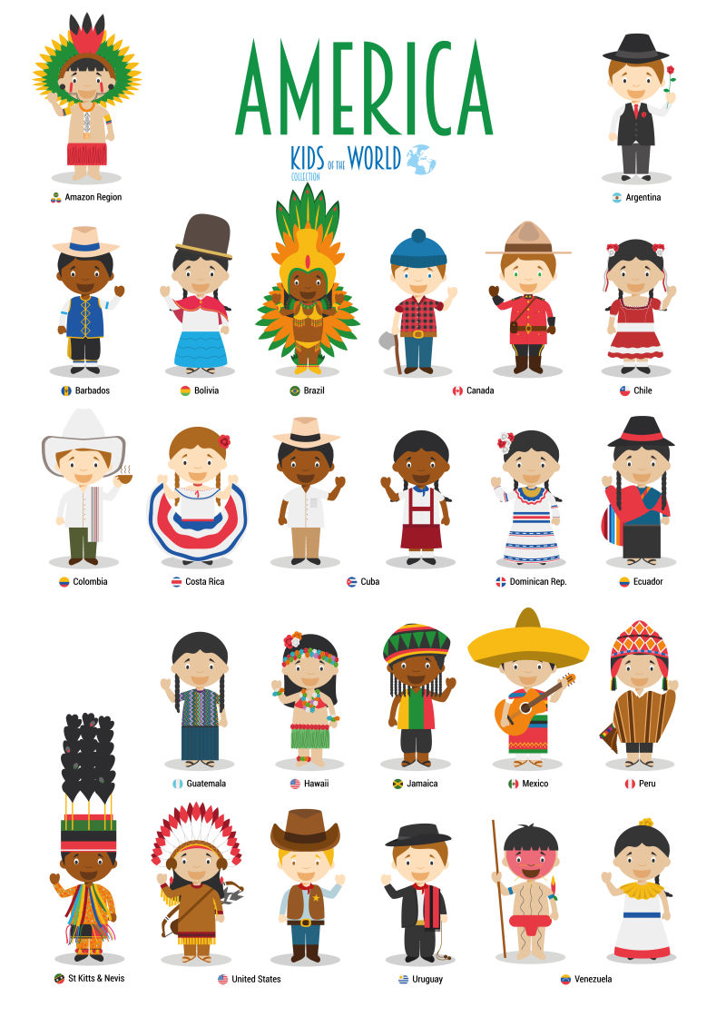 美国穿着不同的民族服装的儿童矢量插图