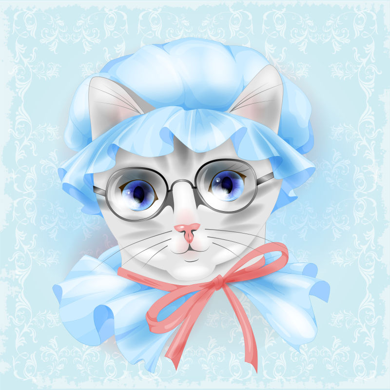 维多利亚风格戴着眼镜的猫咪矢量插图