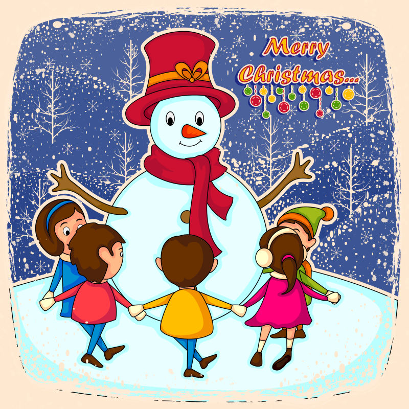 斯诺曼与孩子们一起庆祝圣诞快乐的矢量插图