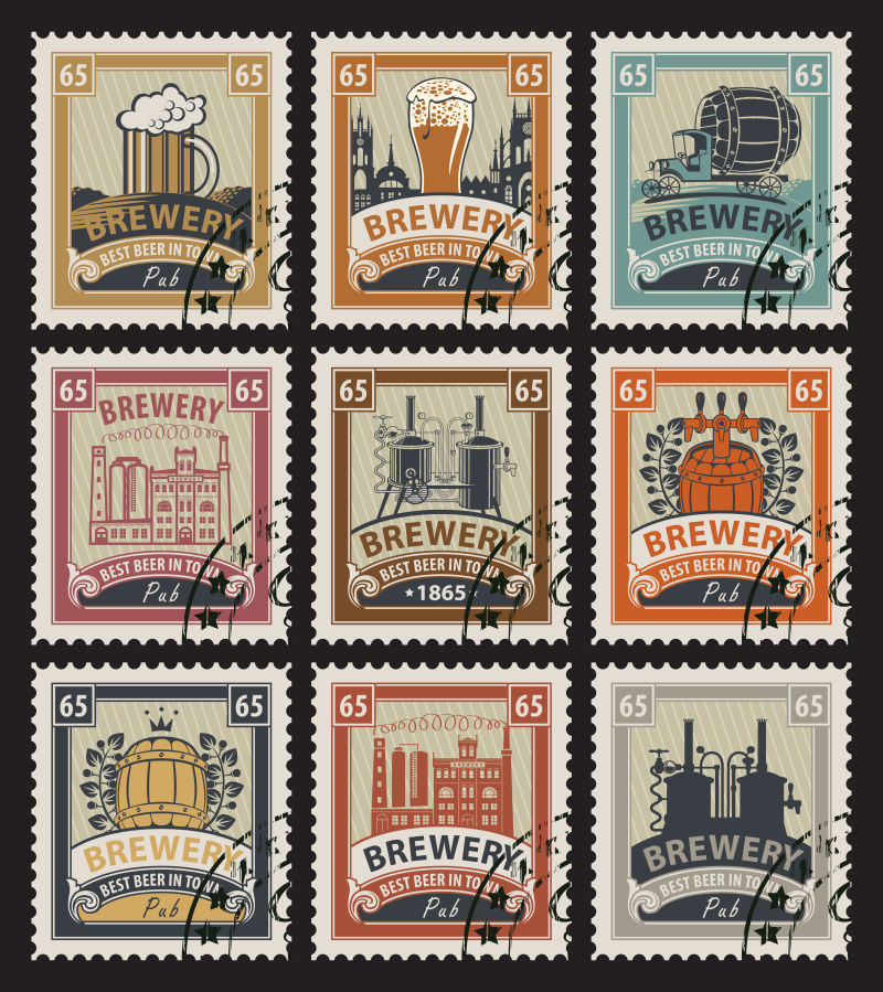 以啤酒为主题的矢量老式邮票