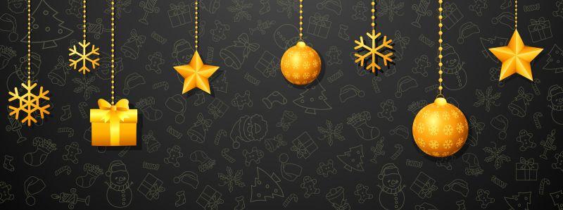 圣诞雪花与圣诞球和星星装饰的矢量圣诞黑色背景