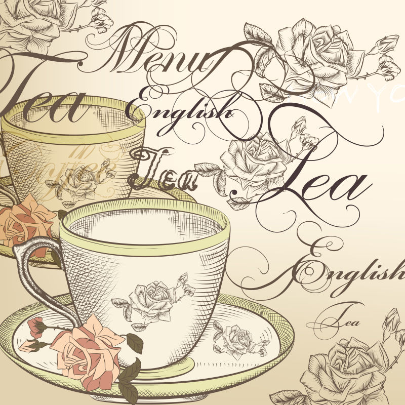 米色背景下茶杯和玫瑰的茶矢量背景