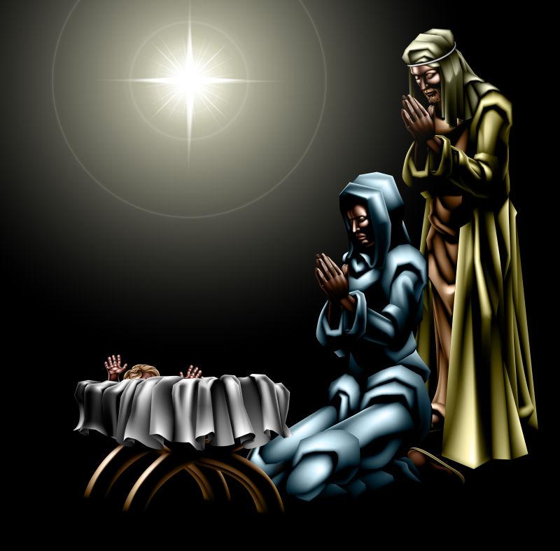 基督教圣诞节耶稣诞生的场景剪影矢量