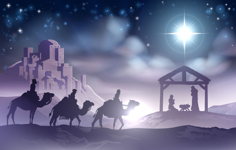 传统的基督教圣诞诞生场景剪影矢量