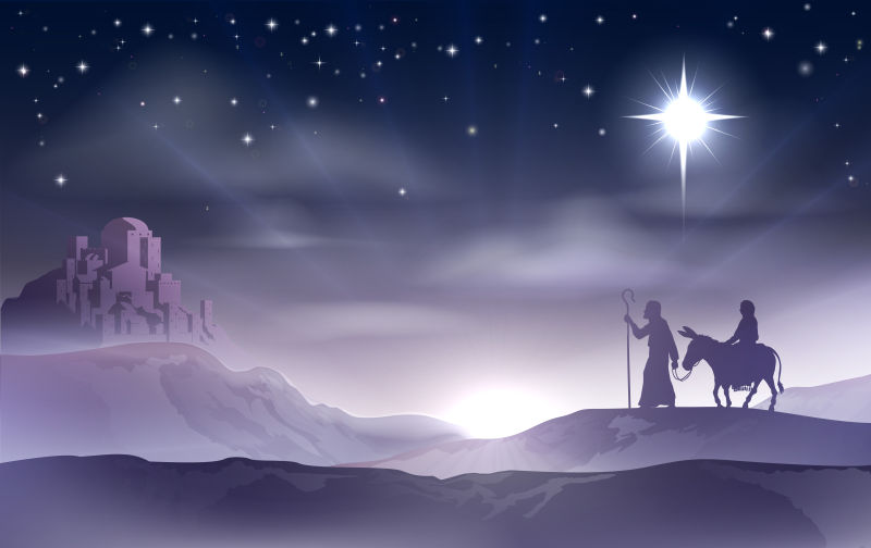 玛丽和约瑟夫在圣诞前夜骑着驴子的矢量插图