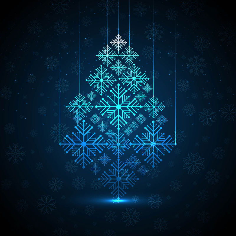 矢量蓝色雪花圣诞树在黑暗的背景下