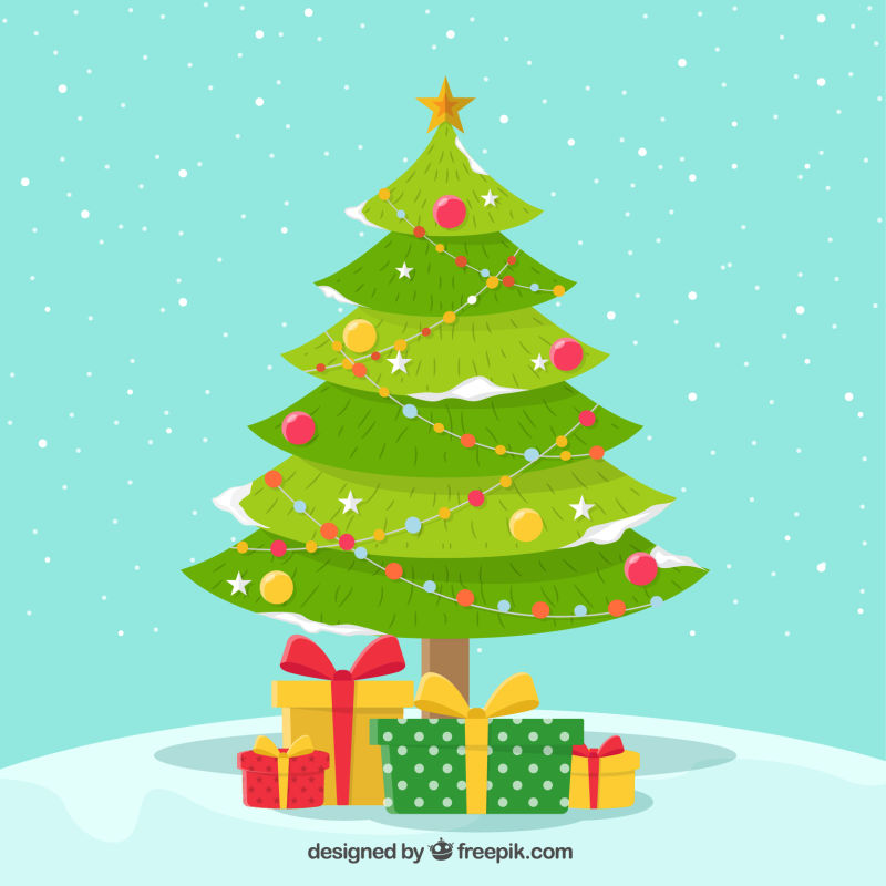 矢量圣诞背景与装饰树和礼品盒