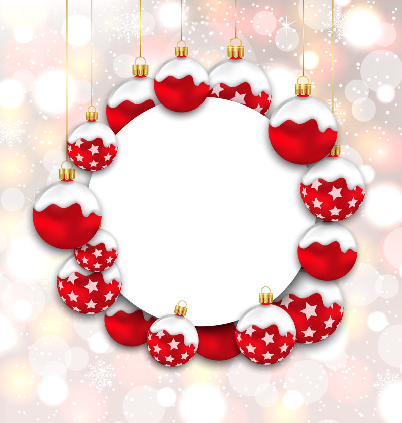 圣诞节和新年贺卡上的红色雪球在发光的背景矢量