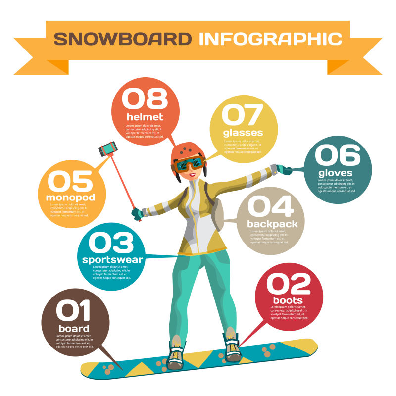 信息图表与女子滑雪板冬季运动矢量