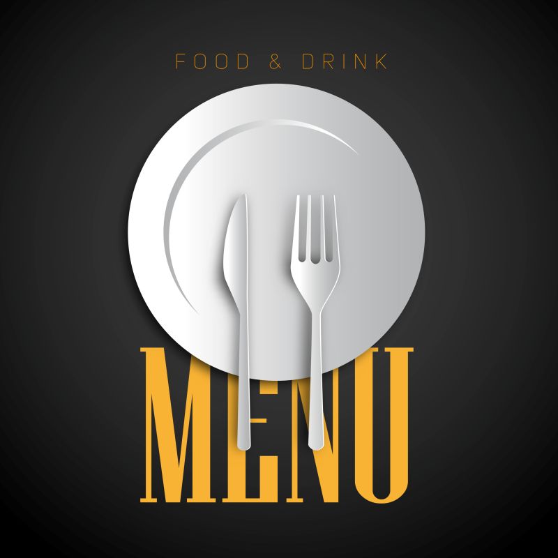放在餐盘上的刀叉图案的餐厅菜单设计矢量