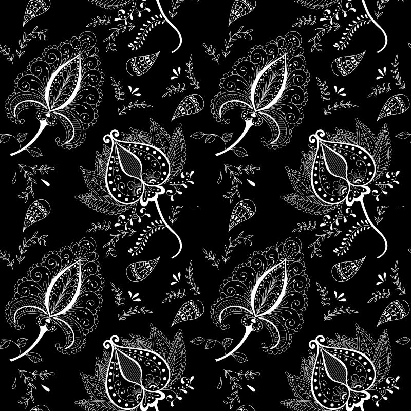 矢量黑色和白色花指甲花风格纺织品抽象图案