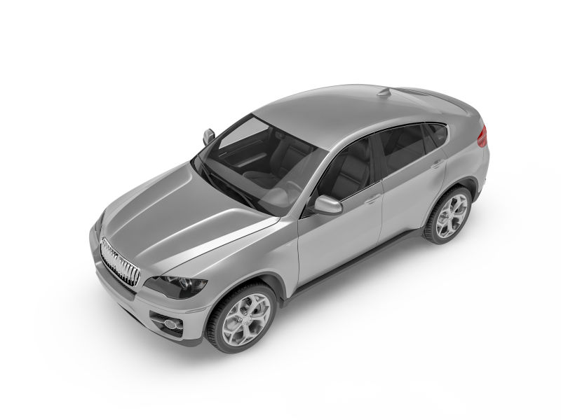 白色背景上银白色SUV汽车的3D后视图