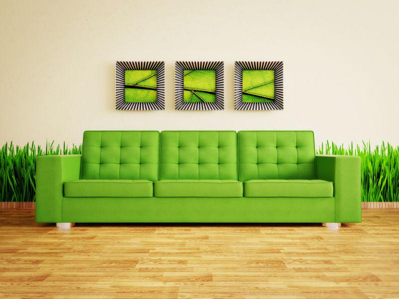 绿色沙发和草地墙室内设计