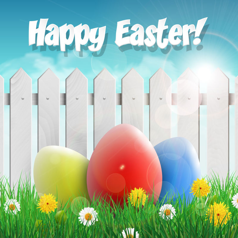 复活节卡片有复活节彩蛋和鲜花的矢量插图