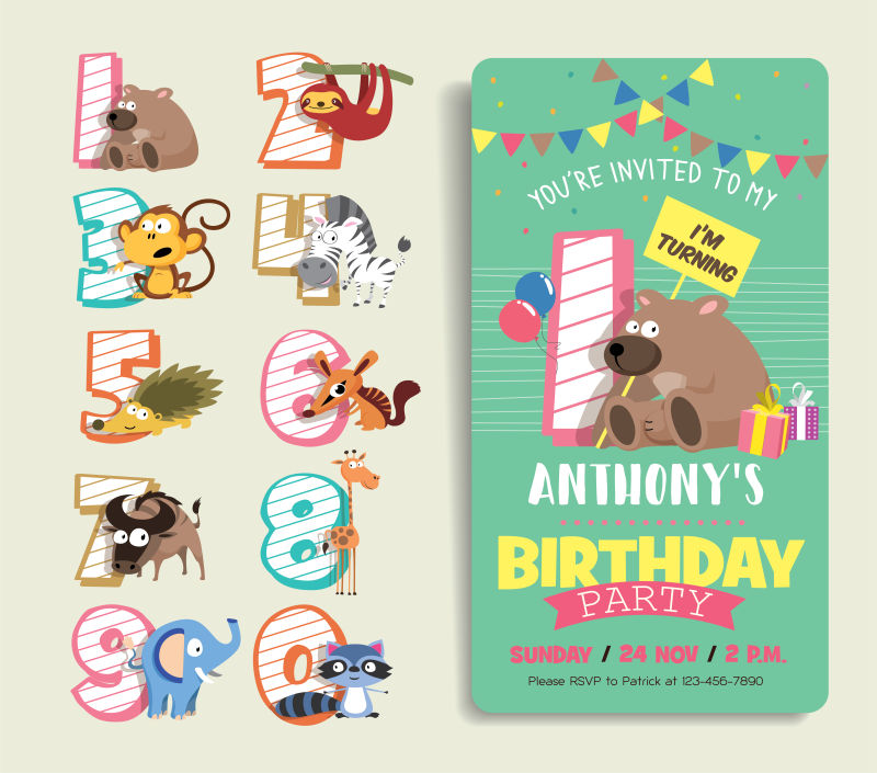 矢量生日周年纪念数字与滑稽的动物角色和生日派对邀请卡