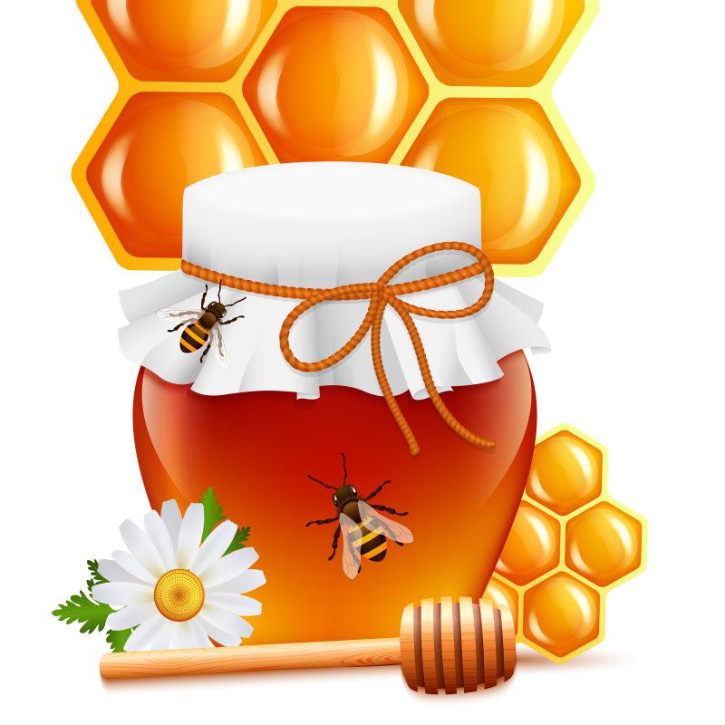 自然蜂蜜蜂蜜在玻璃罐中矢量插图