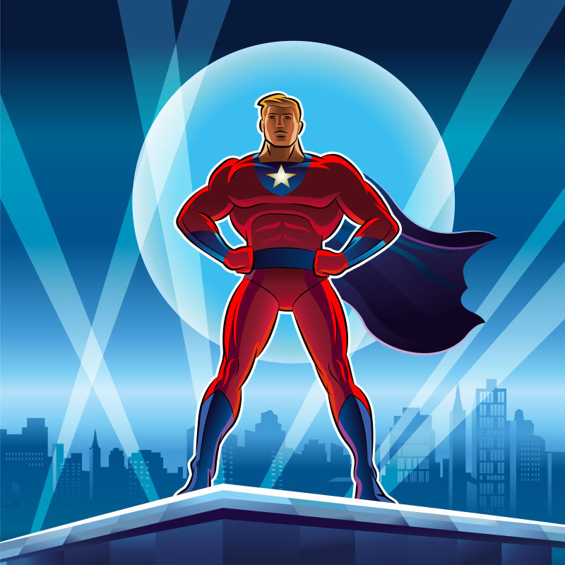 摩天大楼上的超级英雄矢量插图