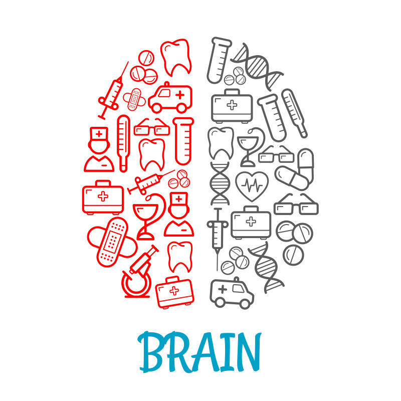 创意矢量医疗工具元素的大脑标志设计
