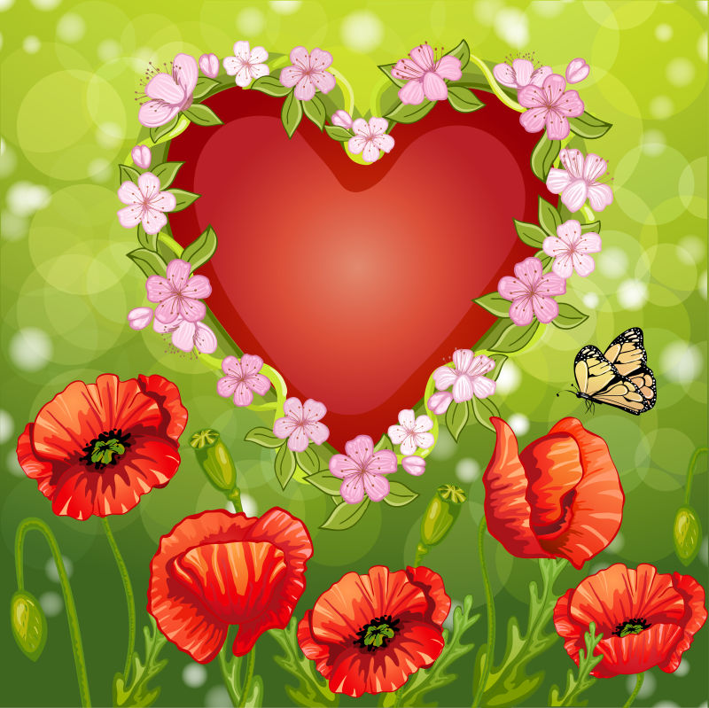 矢量的罂粟花和红色爱心