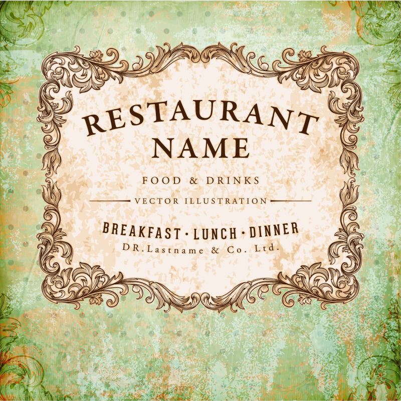 餐厅标签设计与复古菜单设计的旧花框