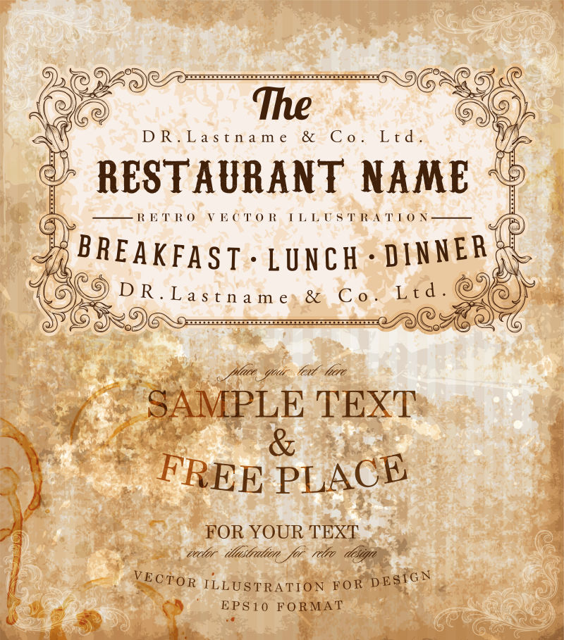 老式纸张背景-餐厅标签设计与旧花架复古菜单设计