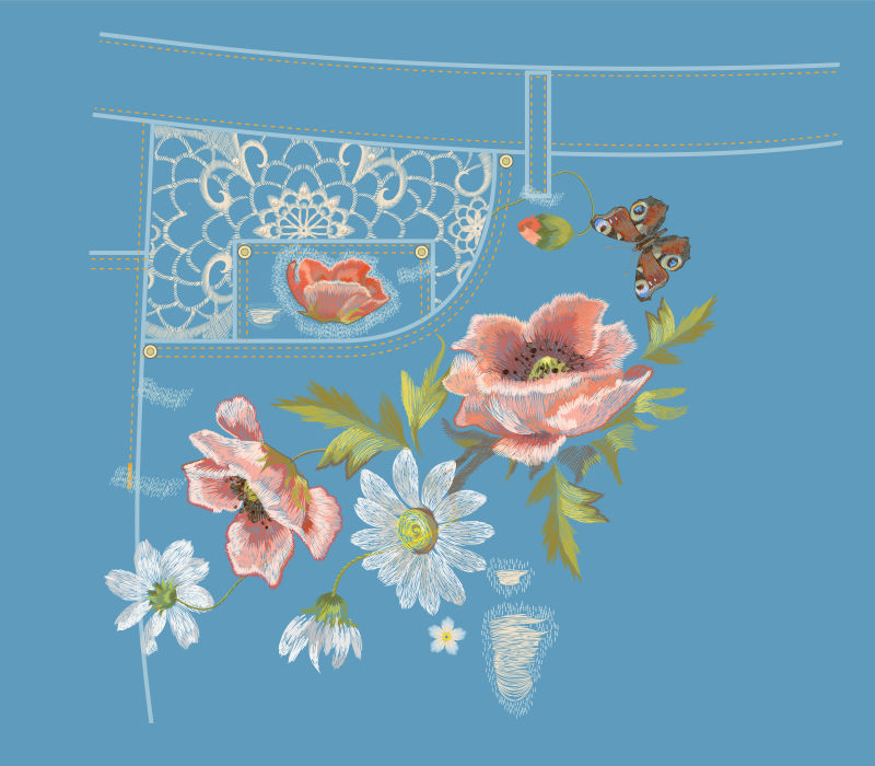 抽象矢量彩色花卉刺绣插图设计