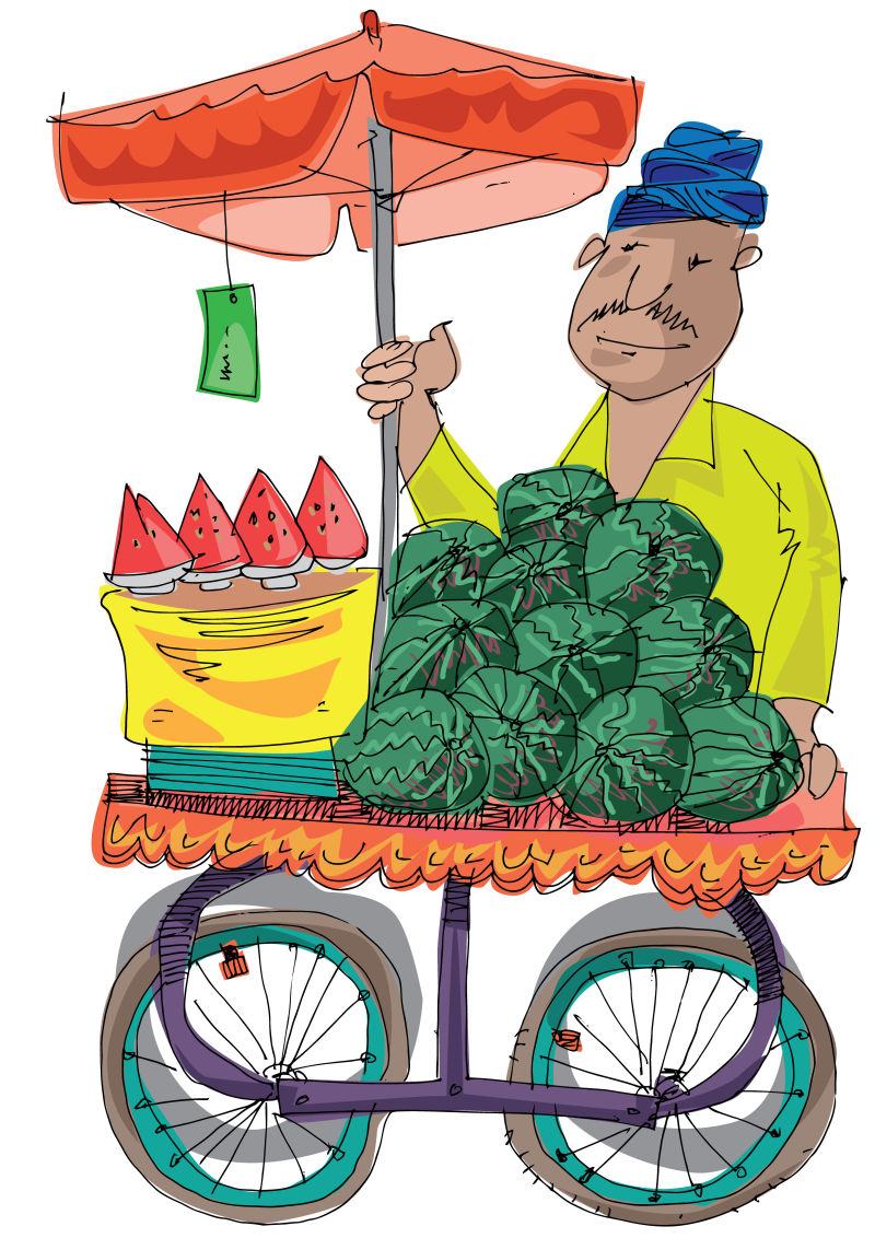 一个卖西瓜的印度街头小贩