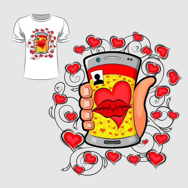 创意矢量卡通红唇爱心元素的T恤图案设计