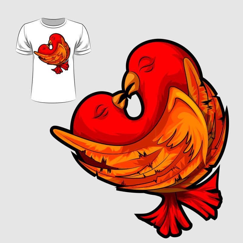 矢量卡通爱情鸟元素的T恤图案设计