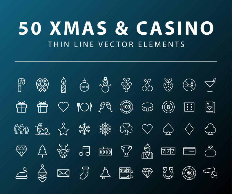 矢量赌场和圣诞主题的细线图标设计