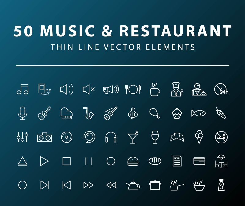 抽象矢量音乐餐厅主题的细线图标设计