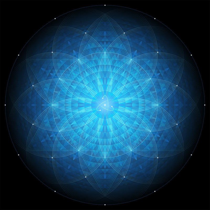 黑色背景上的复杂深蓝色几何曼荼罗神圣几何学生命之花和原子矢量