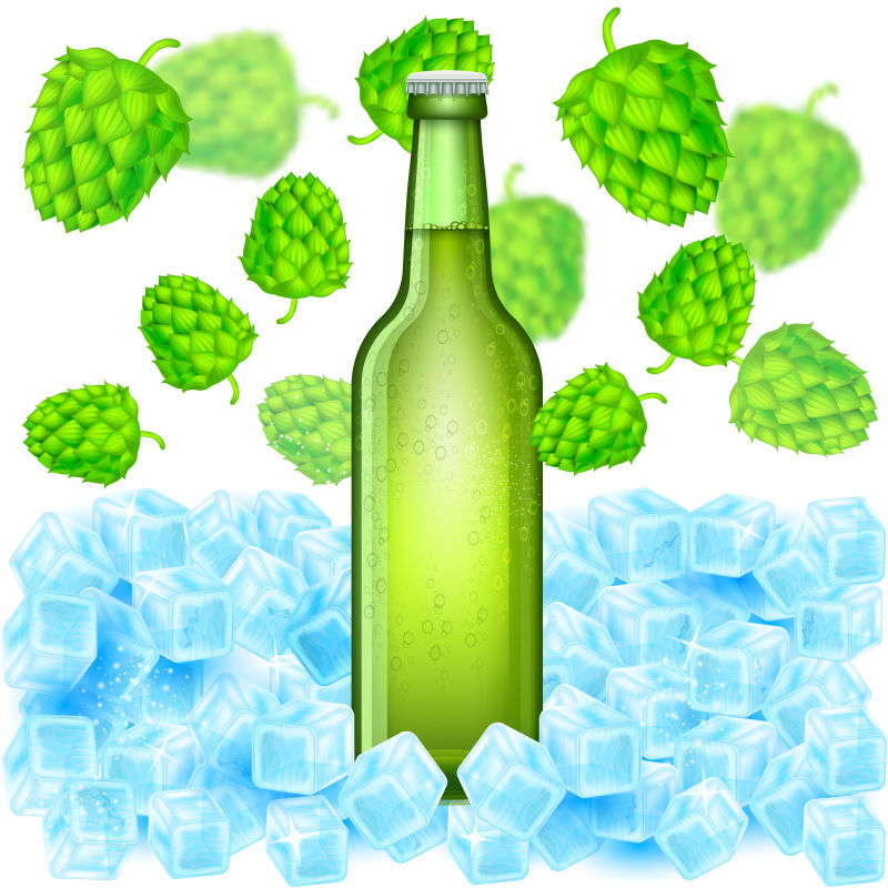 矢量冰块中的绿色啤酒瓶