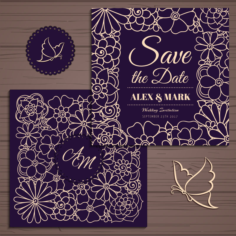 紫色民族花纹婚礼卡片矢量设计