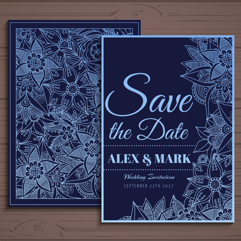 深蓝色花纹图案婚礼卡片矢量设计
