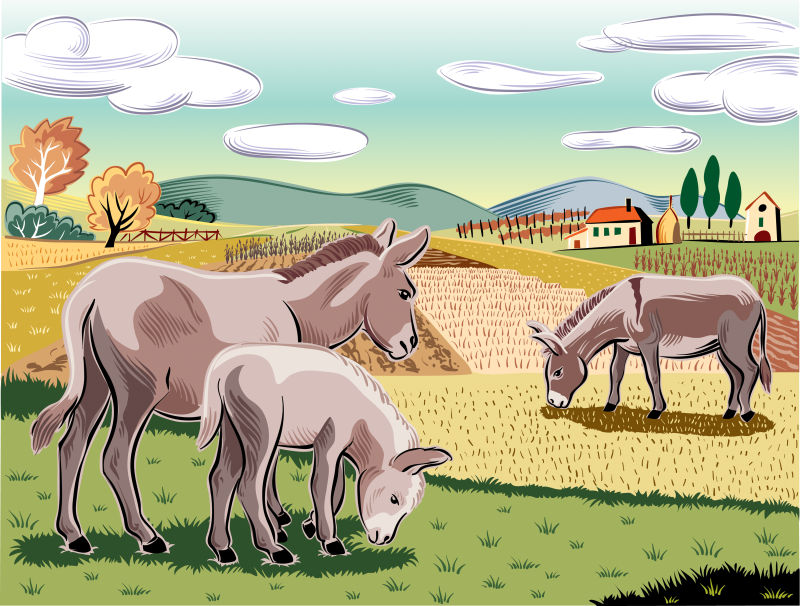 抽象矢量现代放牧中的农场动物插图