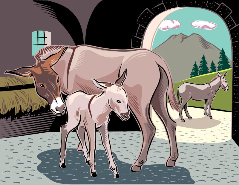 创意矢量现代农场中的马和孩子插图