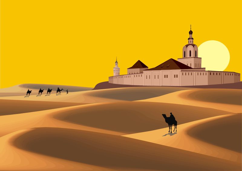 抽象矢量现代日出的沙漠插图设计